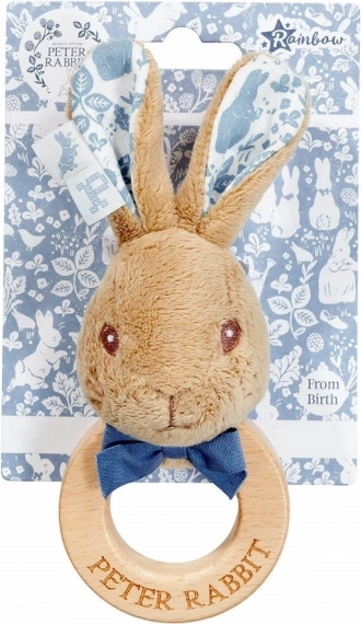Sonaglino e massaggiagengive con coniglietto Peter Rabbit in legno e cotone