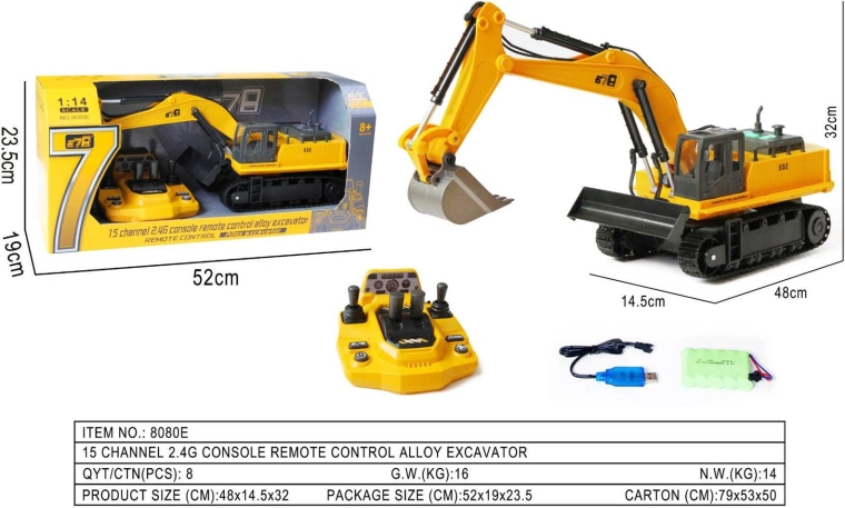 Escavatore RC giallo con pannello di controllo
