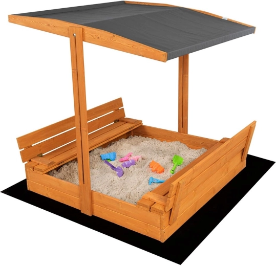 Sabbiera per bambini in legno richiudibile con panchine e tetto BABY MIX 120 × 120 cm, grigia
