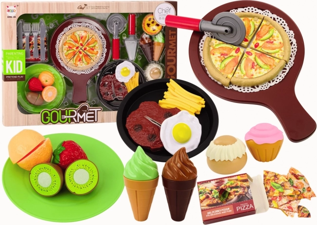 Fast Food Frutta Set di Bistecche Gelato Accessori Pizza Patatine 26 pezzi.