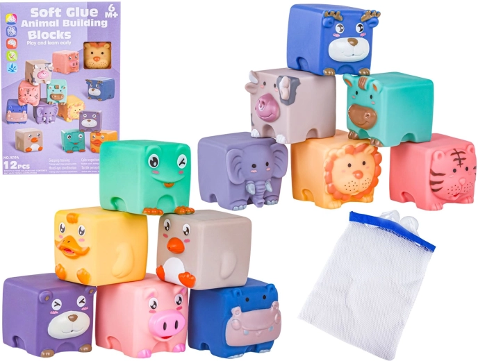 Morbidi cubi sensoriali in silicone con animali (12 pz)