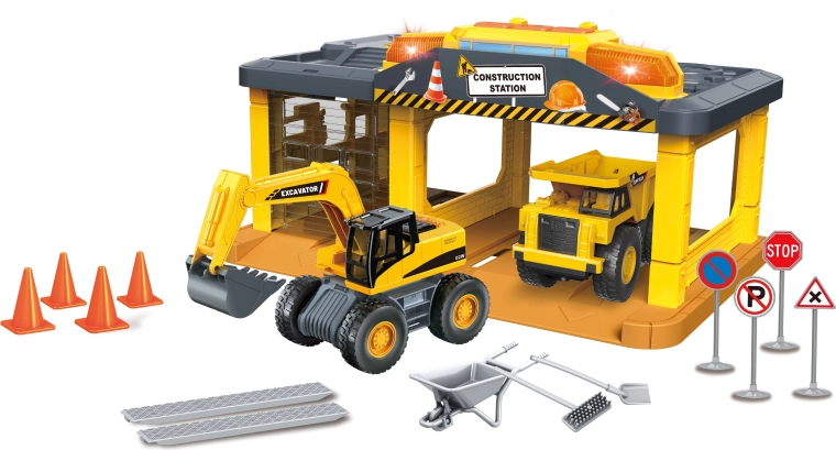 Garage da cantiere con escavatore, camion e accessori con luci e suoni
