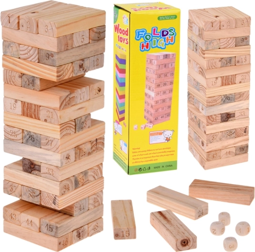 Torre traballante in legno – gioco di abilità con blocchi numerati e 4 dadi