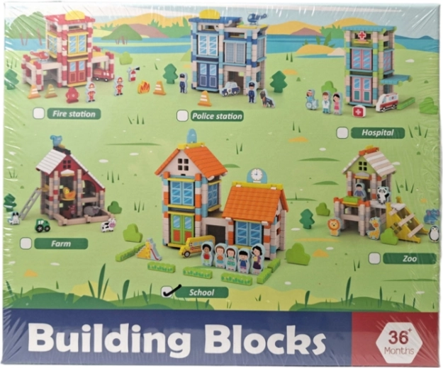 Set di costruzioni in legno – scuola