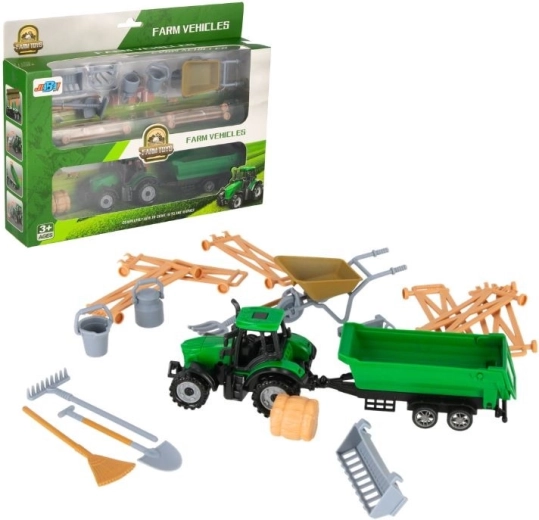 Trattore con rimorchio e accessori da fattoria