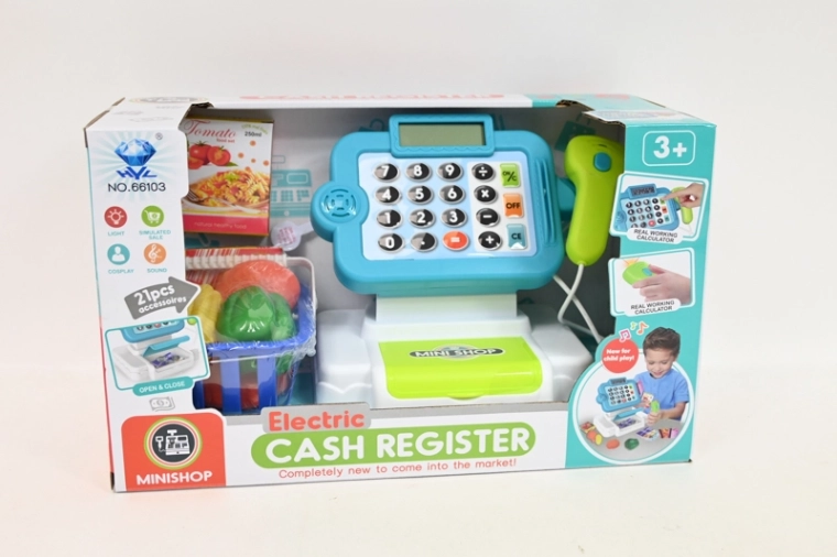 Cassa giocattolo per bambini a batterie con calcolatrice, scanner e accessori