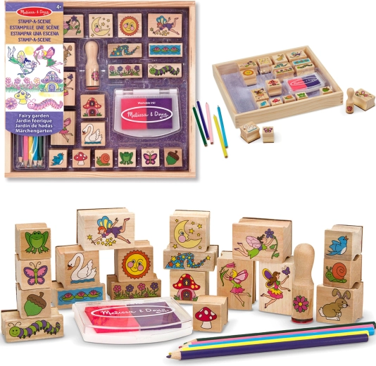 Melissa & Doug set creativo timbri in legno Giardino delle fate (20 motivi, inchiostro e pastelli)