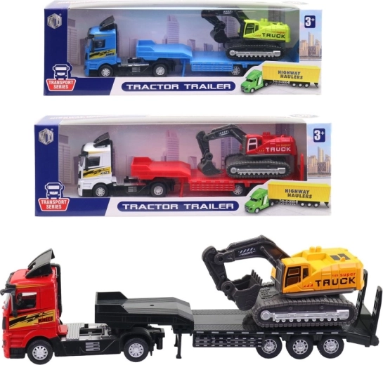 Autoarticolato in metallo con rimorchio ribassato e scavatrice 26 cm