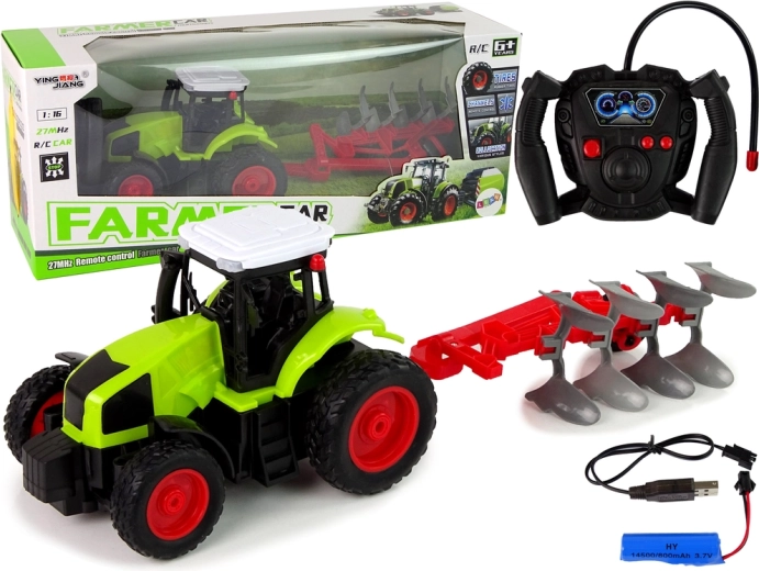 Trattore RC 1:16 con ruote in gomma e aratro rimovibile
