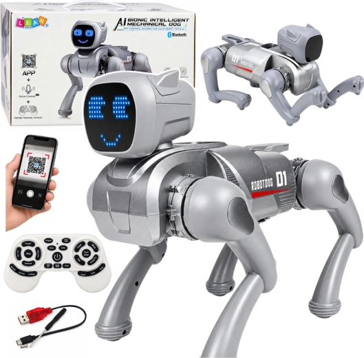 Cane robotico interattivo AI telecomandato con display LED argentato