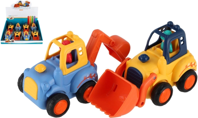 Macchinine da cantiere in plastica 12–14 cm a retrocarica, mix di tipi, 8 pezzi in box