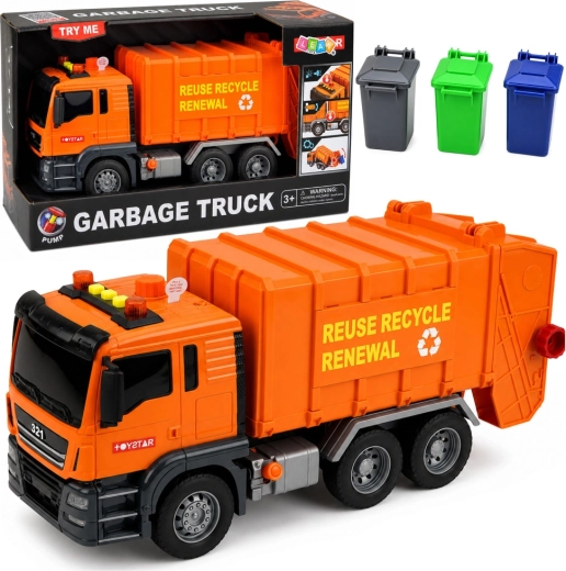 Camion della spazzatura per bambini con luci e suoni e 3 bidoni, arancione