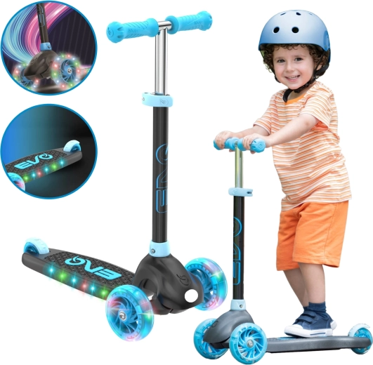 evo eclipse monopattino a tre ruote per bambini con ruote e pedana a LED, altezza regolabile, blu