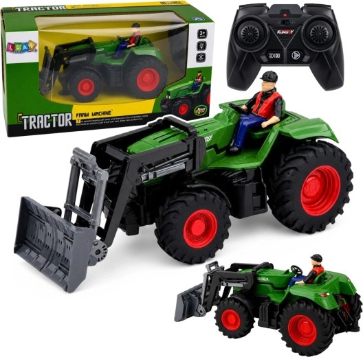 Trattore RC telecomandato con caricatore frontale e statuina del contadino 1:24