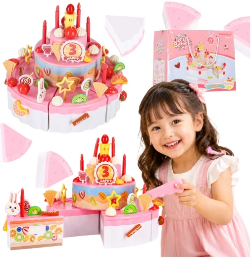 Torta di compleanno per bambini a tre piani da tagliare con velcro, luci e musica (75 pezzi), rosa