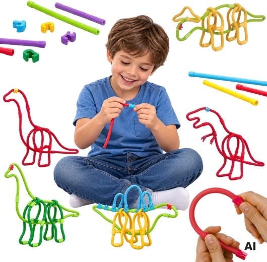 WOOPIE set creativo di costruzioni con cannucce e connettori, dinosauri, 117 pezzi