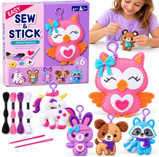 Kit creativo per cucire e incollare portachiavi con animali in feltro - 6 pezzi