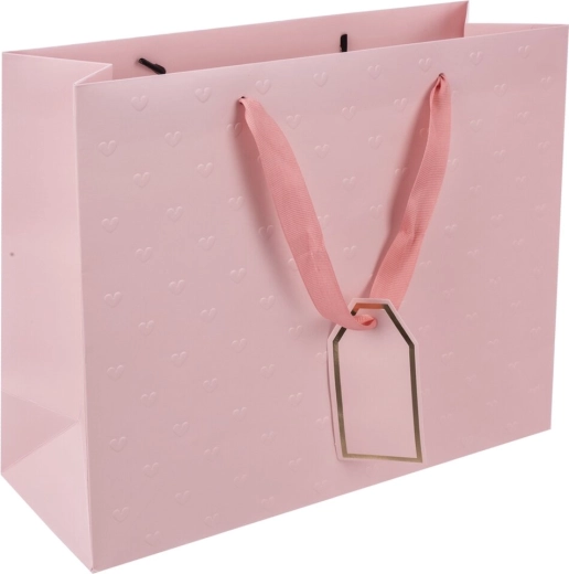 Borsa regalo in carta rosa con cuoricini in rilievo 31 × 12 × 26 cm