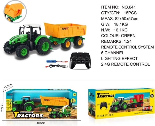 Trattore radiocomandato con rimorchio giallo apribile 1:24