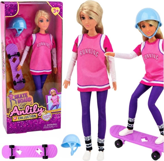 Anlily skateboarder – bambola con skateboard viola e casco 30 cm