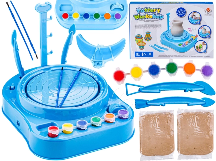 Tornio da vasaio per bambini blu Piccolo artista con pasta autoindurente e colori