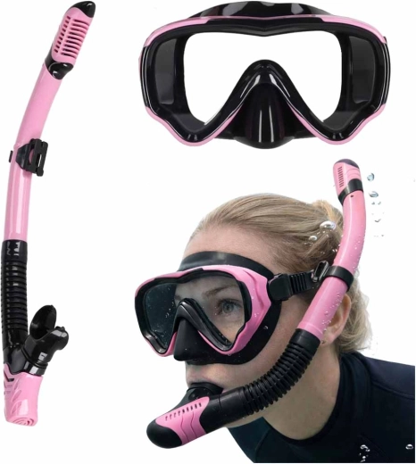 Set rosa‑nero per snorkeling con maschera panoramica e snorkel a secco