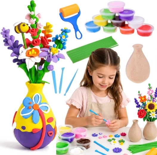 Kit creativo fai-da-te per realizzare fiori con pasta modellabile leggera autoindurente con vaso (28 pezzi)
