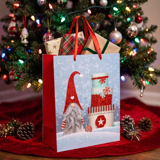 Sacchetto regalo natalizio con motivo folletto e glitter - 1 pezzo