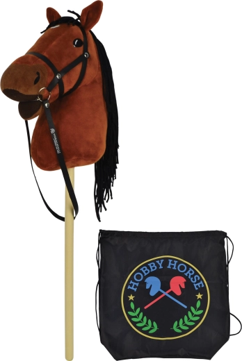 Cavallo marrone su bastone 73 cm con suoni e zaino nero