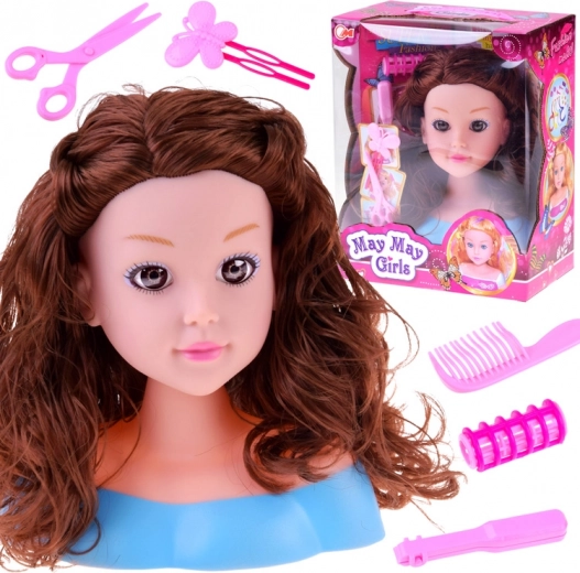 testa per acconciature con accessori per bambini, bambola dai capelli castani 20 cm