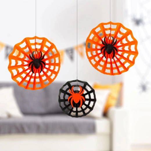 Decorazione di carta per Halloween a ragnatela con ragno 30/40 cm - 3 pezzi