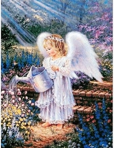 Pittura diamantata Angelo con annaffiatoio in giardino 30 × 40 cm