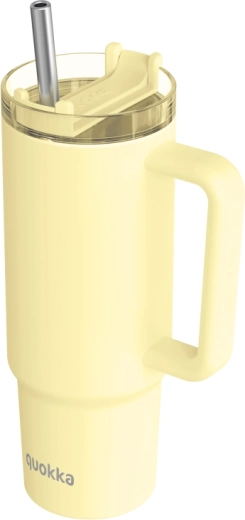 Tazza termica in acciaio inox Quokka Vibe giallo pastello (Drop Safe) con cannuccia in acciaio inox 880 ml