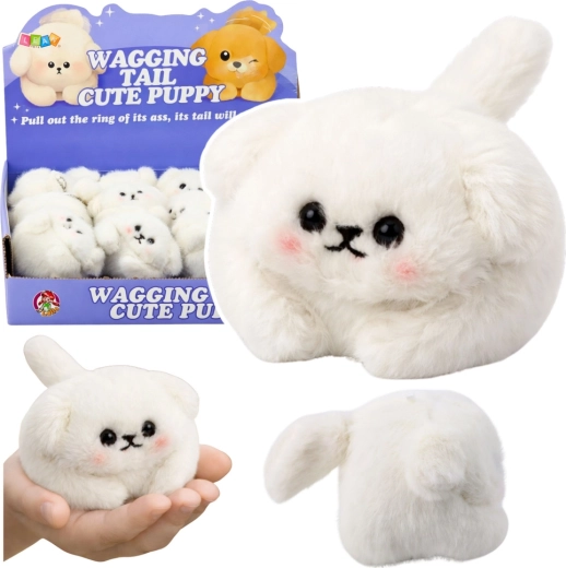 Cagnolino di peluche bianco con coda scodinzolante e squittio 9 cm