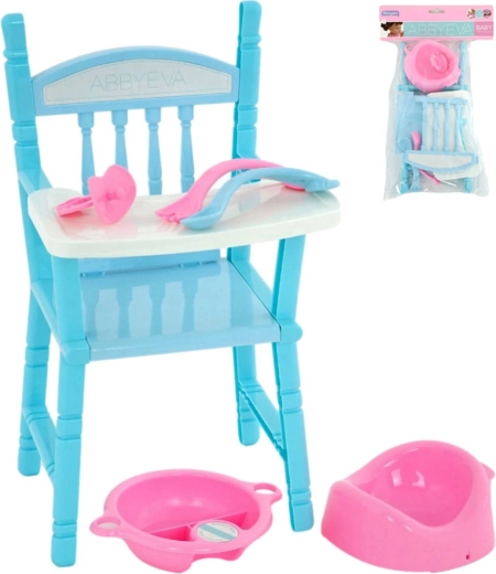 Seggiolone per bambola con set di accessori (vasino, ciuccio, stoviglie)