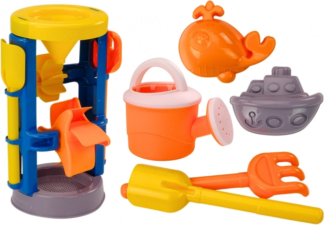 Grande set da spiaggia con mulinello, paletta, rastrello, annaffiatoio e formine