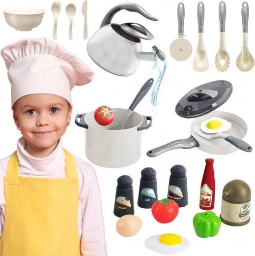 Set da cucina Woopie per piccoli chef, pentole, padella e teiera, bianco, 32 pezzi