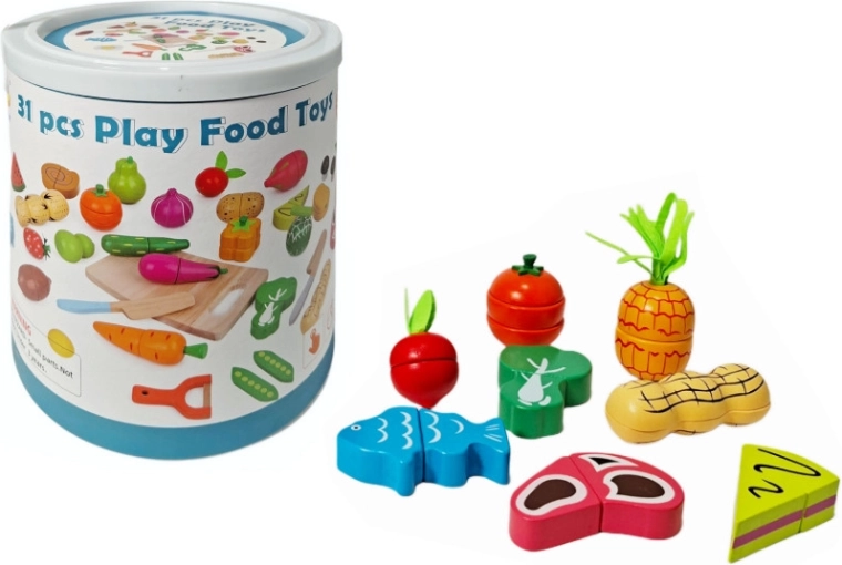 Frutta e verdura di legno da tagliare con secchiello