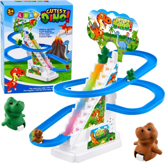 Pista interattiva con dinosauri con scivolo, scale mobili, luci e musica