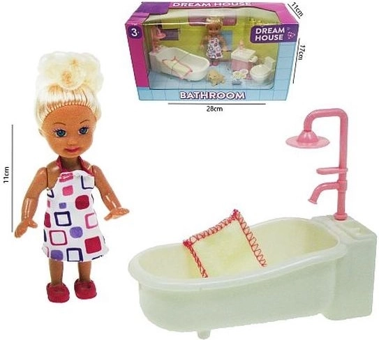 Mini bambola 11 cm con set da bagno