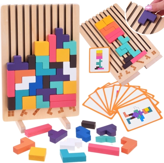 Puzzle logico in legno tipo Tetris con pezzi colorati