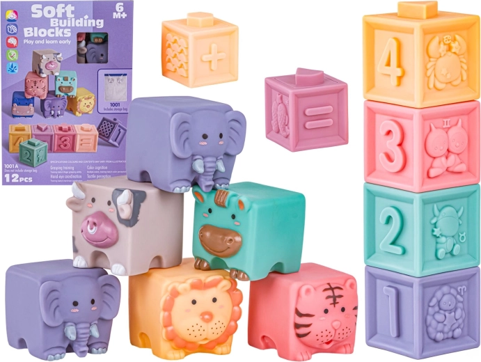 Morbidi cubi sensoriali in silicone per neonati – animali, forme e numeri (12 pz)