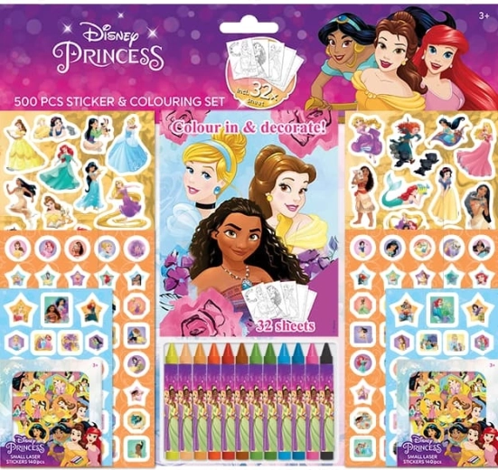 Set di adesivi Disney Principesse con album da colorare e pastelli a cera (500 pz)