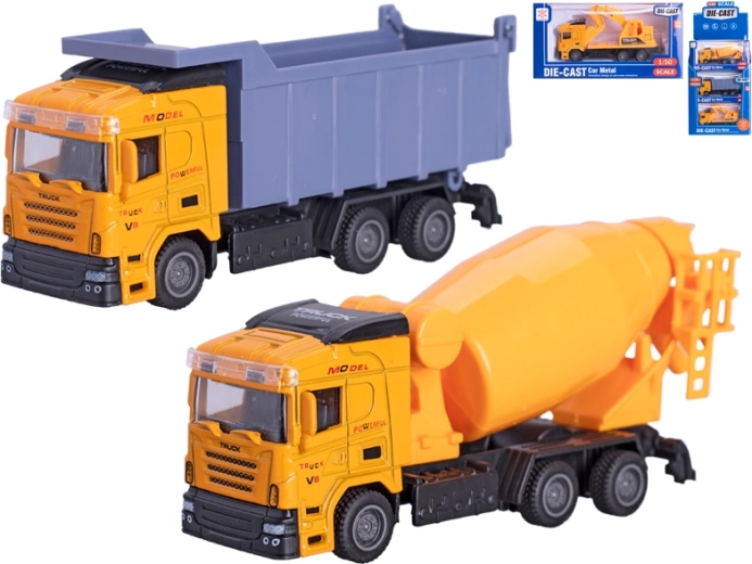 Modello in metallo di veicolo da cantiere 1:50 con retrocarica, mix di tipi