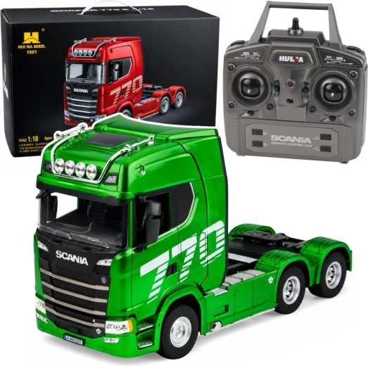 Trattore stradale RC verde Scania 770S 1:18 con LED e controllo 2,4 GHz