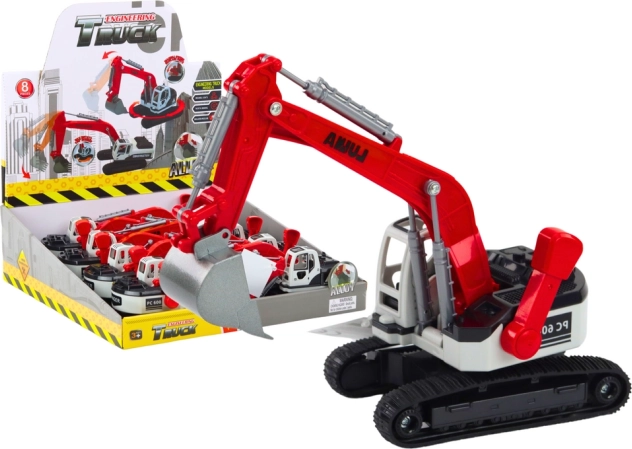 Escavatore a cingoli in metallo rosso-bianco con benna