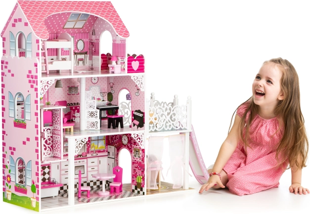 Casa delle bambole in legno con scivolo