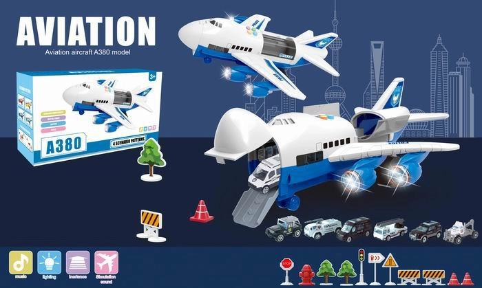 Aereo A380 con auto della polizia ed effetti luminosi e sonori