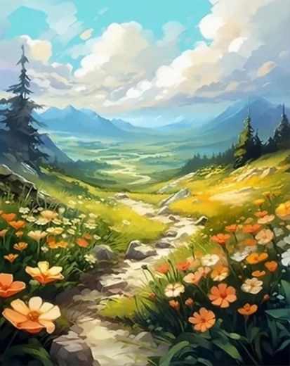 Pittura diamantata Sentiero montano fiorito 30 × 40 cm