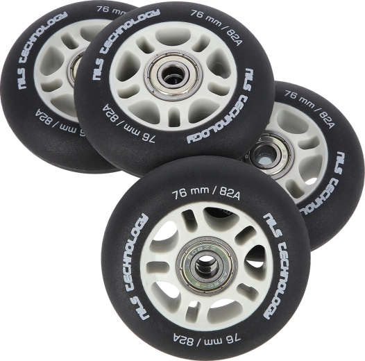 Ruote opache per pattini in linea NILS Extreme 76 mm 82A con cuscinetti ABEC 9, nere, set da 4 pezzi